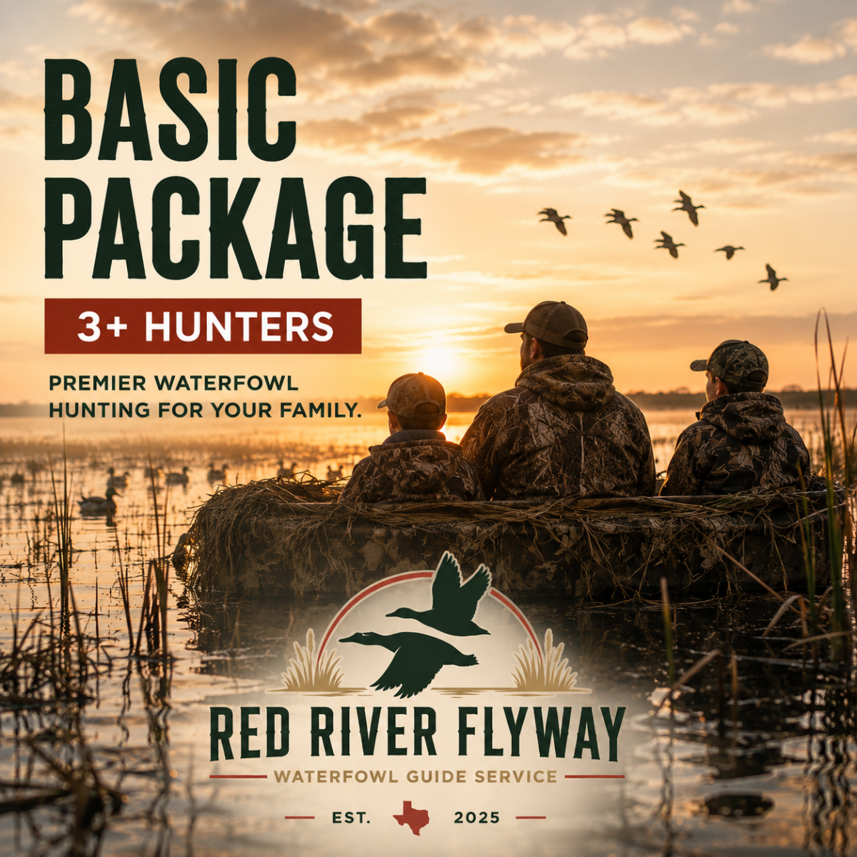 Advertisement for Red River Flyway waterfowl hunting package with three hunters in a boat at sunset.