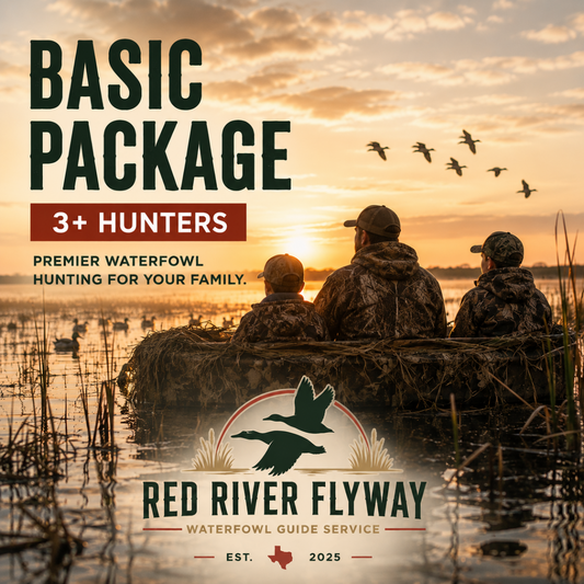 Advertisement for Red River Flyway waterfowl hunting package with three hunters in a boat at sunset.
